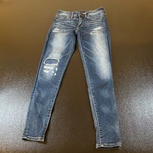 American Eagle Denim Jeggings Jeans Distressed Dark Wash Stretch Womens 2 26x27"